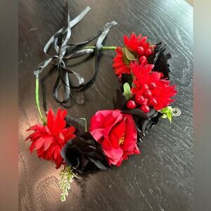 Bohemian Red Black berries Floral Headband- faux- rave festival